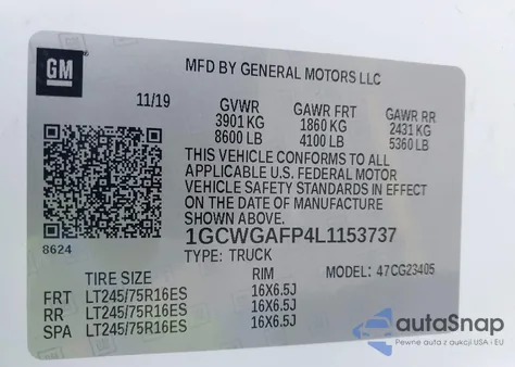 2020 Chevrolet Express Cargo Rwd 2500 Regular Wheelbase Wt from USA, damaged, VIN 1GCWGAFP4L1153737